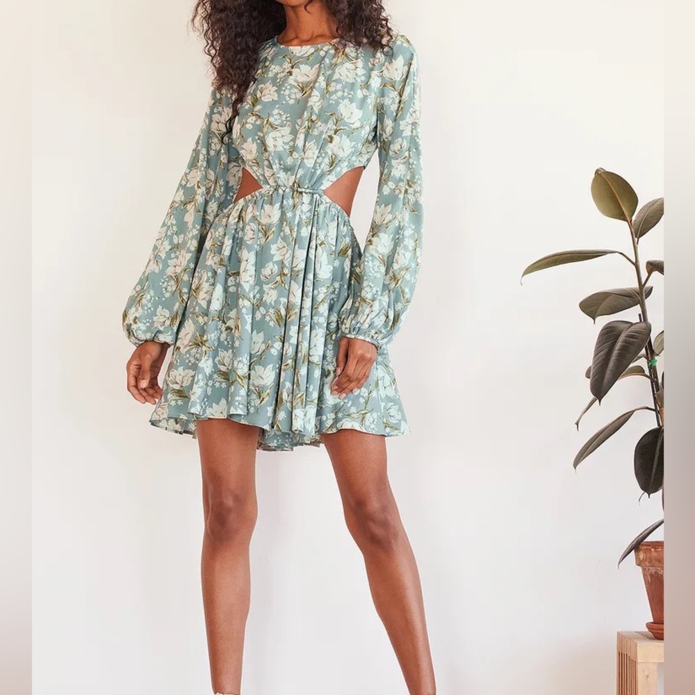 Lulu’s First Blooms Dusty Blue Floral Print Long Sleeve Cutout Dress